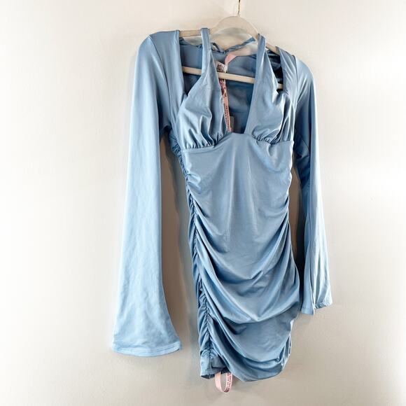 Oh Polly Short and Sweet Halter Cutout Long Bell Sleeve Mini Dress Blue 6 - Picture 8 of 8